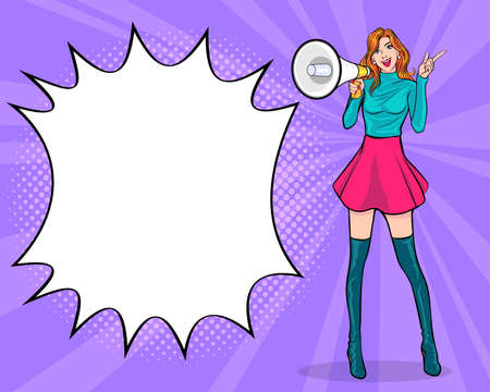 Young woman holding megaphone and speaking Pop Art Comic Styleのイラスト素材