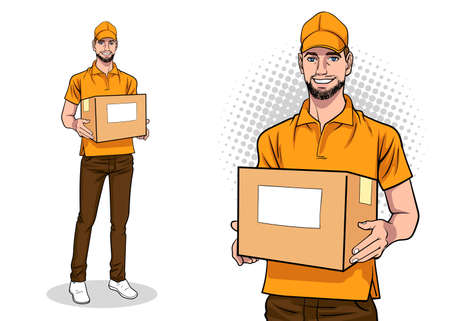 Delivery man employee with a big box In Retro Vintage Pop Art Comic Styleのイラスト素材
