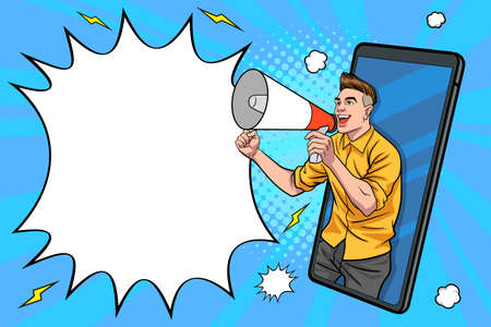 young man handsome shouting using megaphone out from smartphone  pop art retro comic style.のイラスト素材