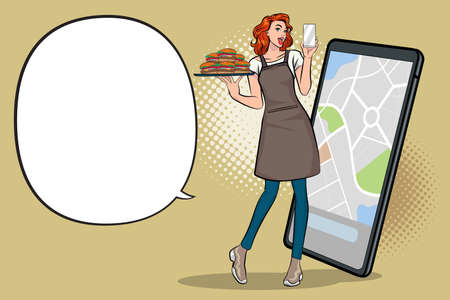 Young happy businesswoman takes an order  food online concept pop art retro comic style.のイラスト素材