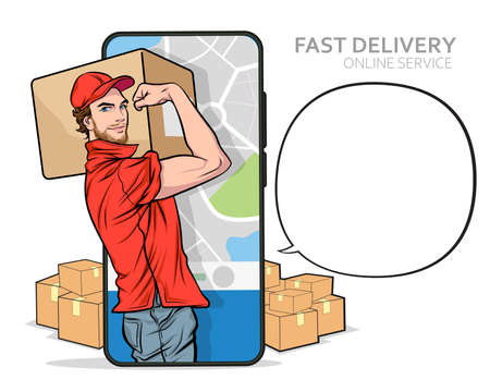 Fast Delivery man service from mobile phone we can do it concept Pop Art Comic Styleのイラスト素材