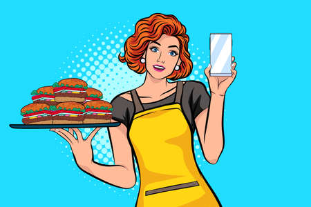 business woman takes an order  food online shop concept  pop art comics style.のイラスト素材