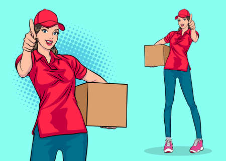 Delivery woman employee holding big box charactor Pop Art Comic Styleのイラスト素材