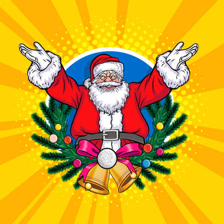 Wreath christmas tree with Santa merry christmas happy new year pop art comics style.のイラスト素材
