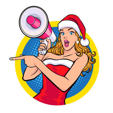 Santa woman wow and holding megaphone for announce on circle sign  In Retro Vintage Pop Art Comic Styleのイラスト素材