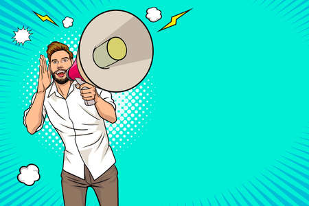 hipster man and megaphone with empty space  In Retro Vintage Pop Art Comic Styleのイラスト素材