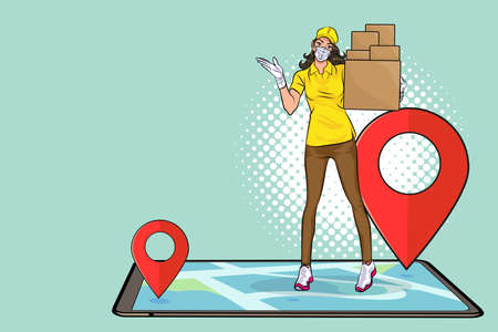 Delivery woman employee with mask and Navigation Fast online delivery service  pop art comics style.のイラスト素材
