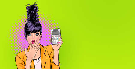 Amazed young woman holding calculator Wow and surprised concept pop art comics style.のイラスト素材