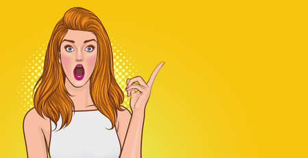 pretty woman surprised and point somthing In Retro Vintage Pop Art Comic Styleのイラスト素材