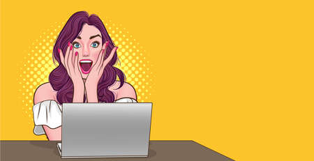 business woman surprised something lucky working on laptop computer In Retro Vintage Pop Art Comic...