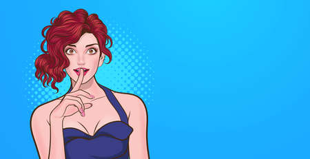 smile woman with finger on lips silence gesture Pop Art Comic Style