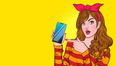 woman pointing and holding smartphone for introducing In Retro Vintage Pop Art Comic Styleのイラスト素材