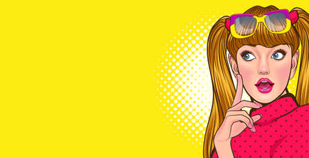 young woman surprised in glasses look wow somthing Pop Art Comic Styleのイラスト素材