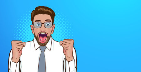 surprised young business man in glasses wondering for somthing pop art comics style.のイラスト素材