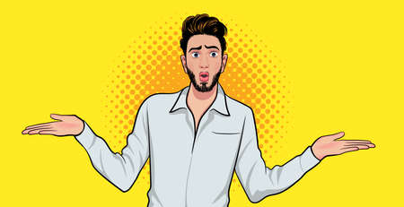 wondering man confused expression with arms and hands raised. Doubt concept In Pop Art Comic Styleのイラスト素材