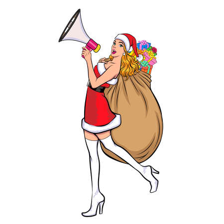 Santa woman holding megaphone and carry gift bag  Pop Art Comic Styleのイラスト素材
