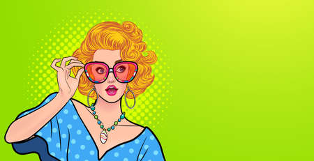 woman surprised in glasses open mouth hands on cheeks look wow something In Retro Vintage Pop Art Comic Styleのイラスト素材