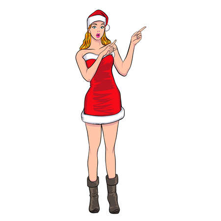 Santa woman stand and wonder pointing gestures  Pop Art Comic Styleのイラスト素材