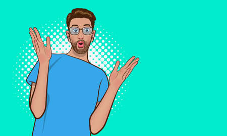 surprised young man in glasses looking wondering for somthing  pop art comics style.のイラスト素材