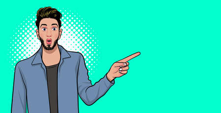 surprised smart man point finger at empty space pop art retro comic style.のイラスト素材