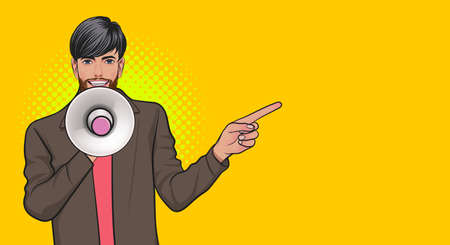 young business man wearing suit announce with megaphone Pop Art Comic Styleのイラスト素材