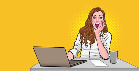 Smiling business woman sitting with laptop  Pop Art Comic Styleのイラスト素材