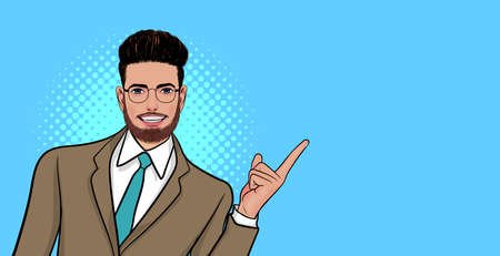 smile bearded businessman wearing glasses point finger at empty space  Pop Art Comic Styleのイラスト素材