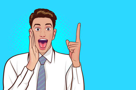 Cheerful young man shouting with hold hand near mouth and point up Pop Art Comic Styleのイラスト素材