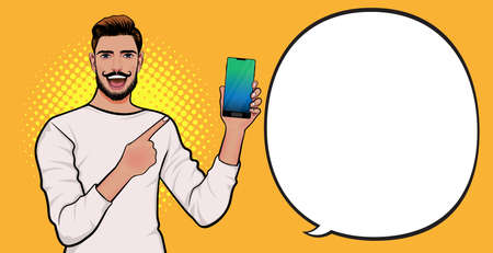 Smiling bearded man holding smartphone presenting with speech bubble Pop Art Comic Styleのイラスト素材