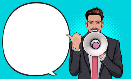 Man holding megaphone loudspeaker, shouting, announcing something and pointing to speech bubble Pop Art Comic Styleのイラスト素材