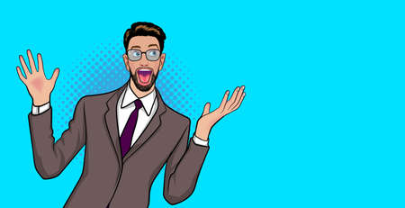 smile bearded businessman raise hand look at empty space Pop Art Comic Styleのイラスト素材