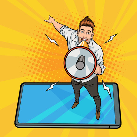 Business man screaming announce with megaphone on smartphone Pop Art Comic Styleのイラスト素材