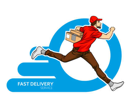 Delivery man service running with big box in circle frame Pop Art Comic Styleのイラスト素材