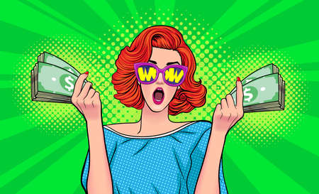 success woman surprised WOW in sunglasses and show lot of money in hands in Pop Art Comic Styleのイラスト素材