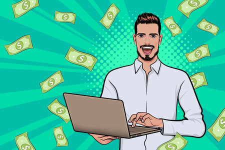 Smiling bearded businessman with laptop Pop Art Comic Styleのイラスト素材