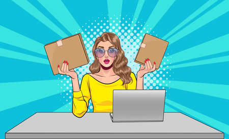 success woman holding parcel box selling products online in Pop Art Comic Styleのイラスト素材
