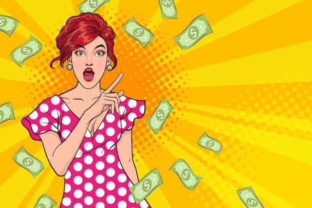 surprise business woman successful and shocking with Falling Money say WOW OMG Pop art retro comic styleのイラスト素材