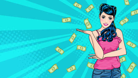 surprise business woman successful and shocking with Falling Money say WOW OMG Pop art retro comic styleのイラスト素材