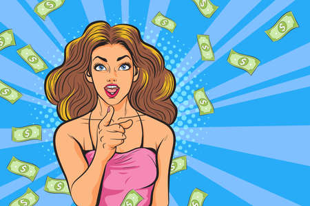 surprise business woman successful and shocking with Falling Money say WOW OMG Pop art retro comic styleのイラスト素材