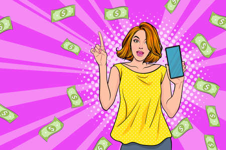 surprise business woman successful and shocking with Falling Money say WOW OMG Pop art retro comic styleのイラスト素材