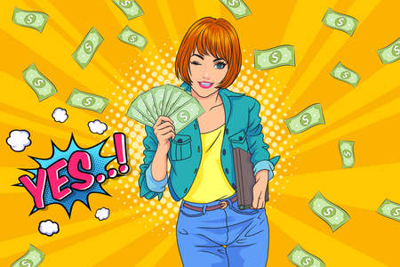 surprise business woman successful and shocking with Falling Money say WOW OMG Pop art retro comic styleのイラスト素材