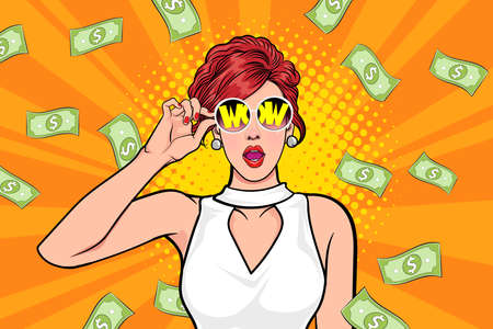 surprise business woman successful and shocking with Falling Money say WOW OMG Pop art retro comic styleのイラスト素材