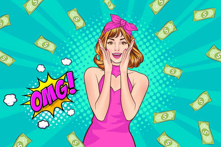 surprise business woman successful and shocking with Falling Money say WOW OMG Pop art retro comic...
