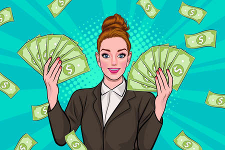 surprise business woman successful and shocking with Falling Money say WOW OMG Pop art retro comic styleのイラスト素材