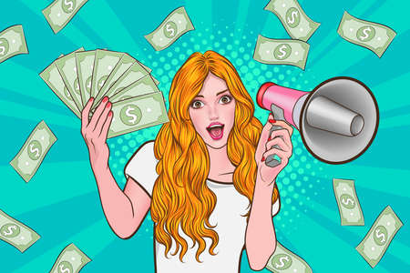surprise shocking successful business woman holding megaphone and Falling Money say WOW OMG Pop art retro comic styleのイラスト素材