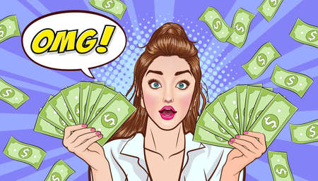 surprise business woman successful and shocking with Falling Money say WOW OMG Pop art retro comic styleのイラスト素材