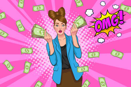 surprise business woman successful and shocking with Falling Money say WOW OMG Pop art retro comic styleのイラスト素材