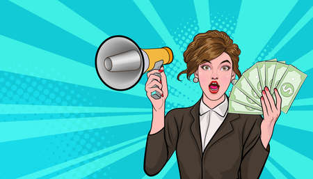 surprise shocking successful business woman holding megaphone and Falling Money say WOW OMG Pop art retro comic styleのイラスト素材