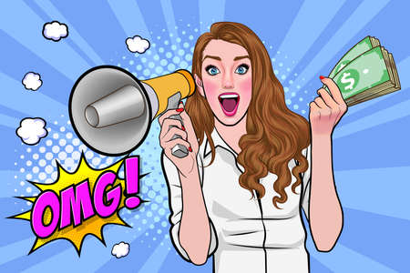 surprise shocking successful business woman holding megaphone and Falling Money say WOW OMG Pop art retro comic styleのイラスト素材