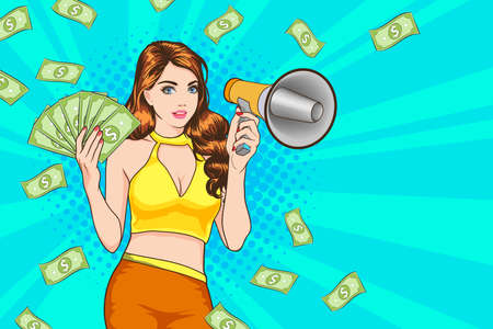 surprise shocking successful business woman holding megaphone and Falling Money say WOW OMG Pop art retro comic styleのイラスト素材